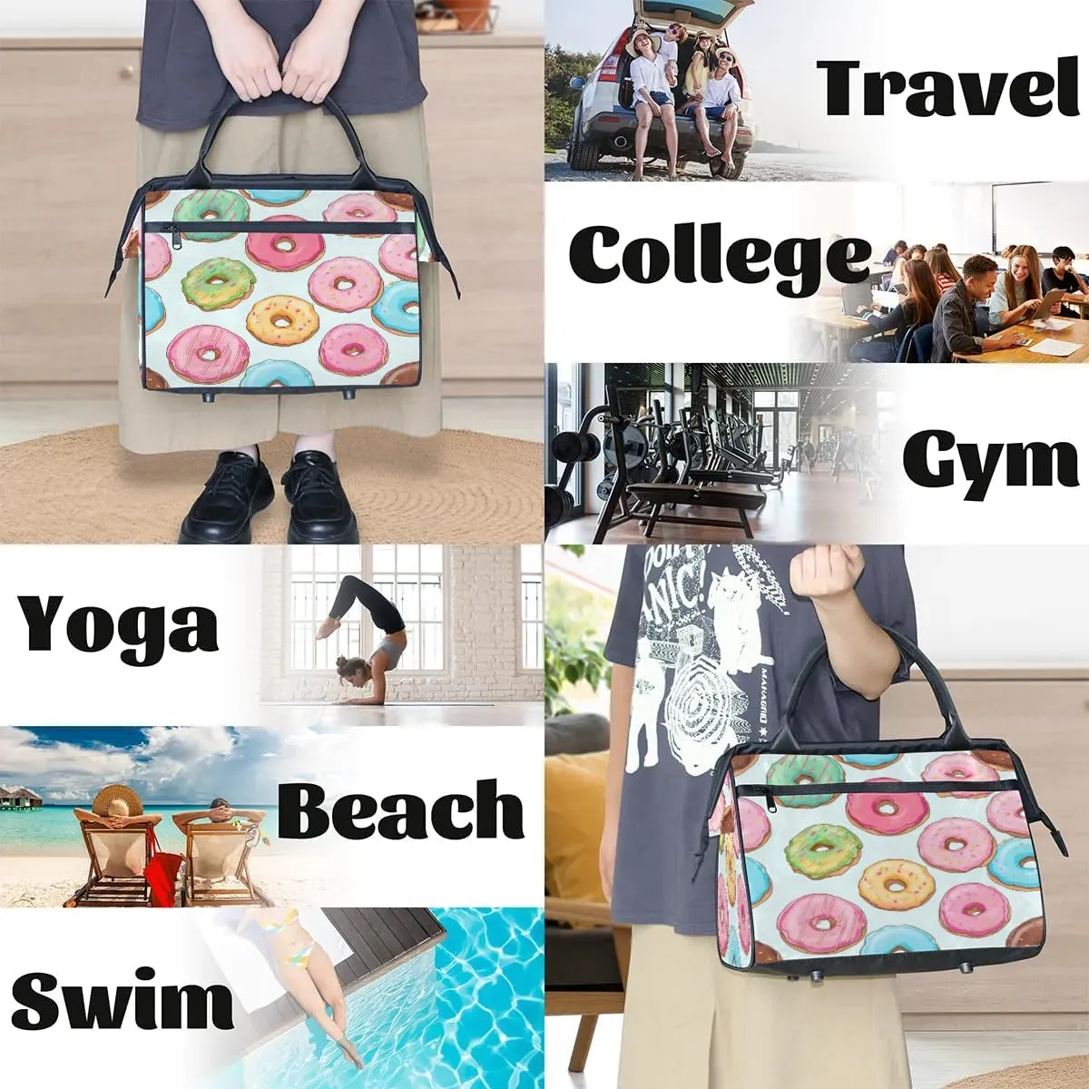 Travel Duffel Bag for Women, Cut Donut Weekender Overnight Bag Carry on Beach Swim Bags Dance Bag Airlines Approved Personal Item Travel Bag for Yoga, Sports, Hospital