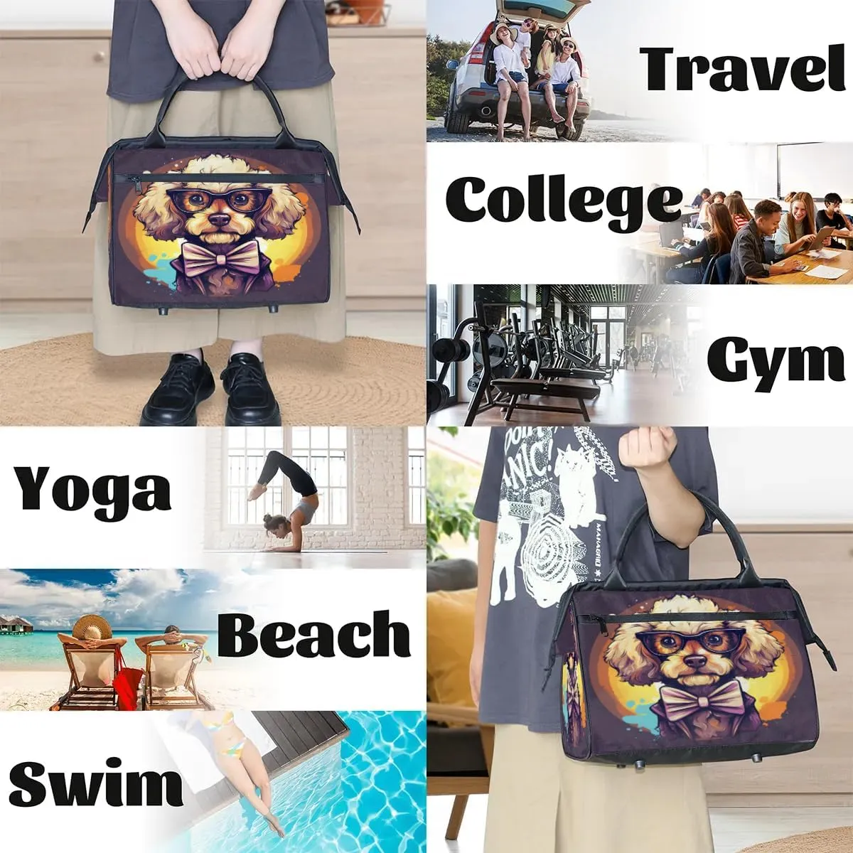 Travel Duffel Bag for Women, Cute Animal Dog Weekender Overnight Bag Carry on Beach Swim Bags Dance Bag Airlines Approved Personal Item Travel Bag for Yoga, Sports, Hospital