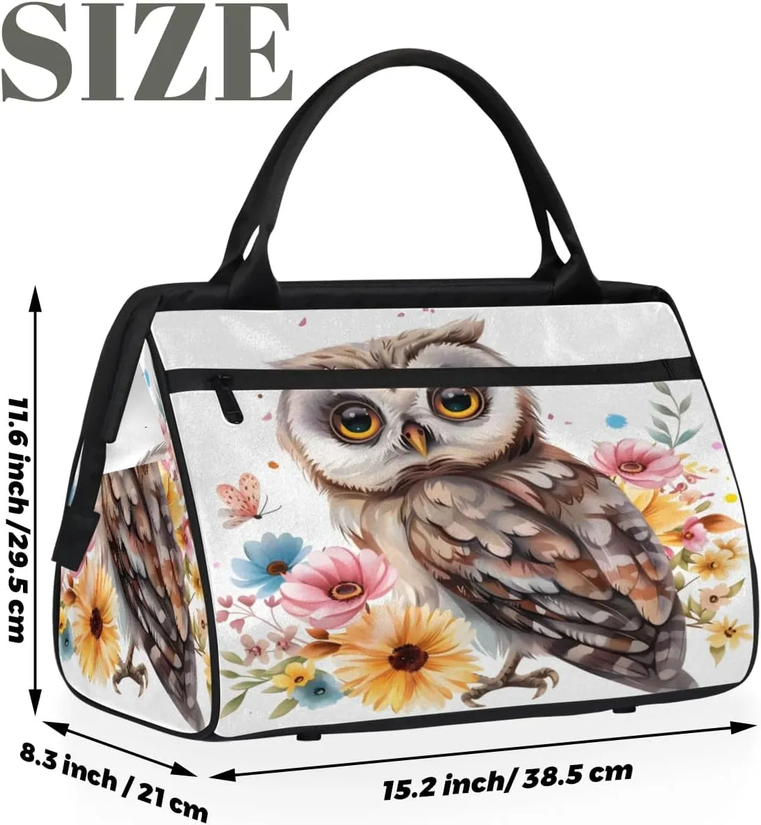 Travel Duffel Bag for Women, Flower Owl Weekender Overnight Bag Carry on Beach Swim Bags Dance Bag Airlines Approved Personal Item Travel Bag for Yoga, Sports, Hospital