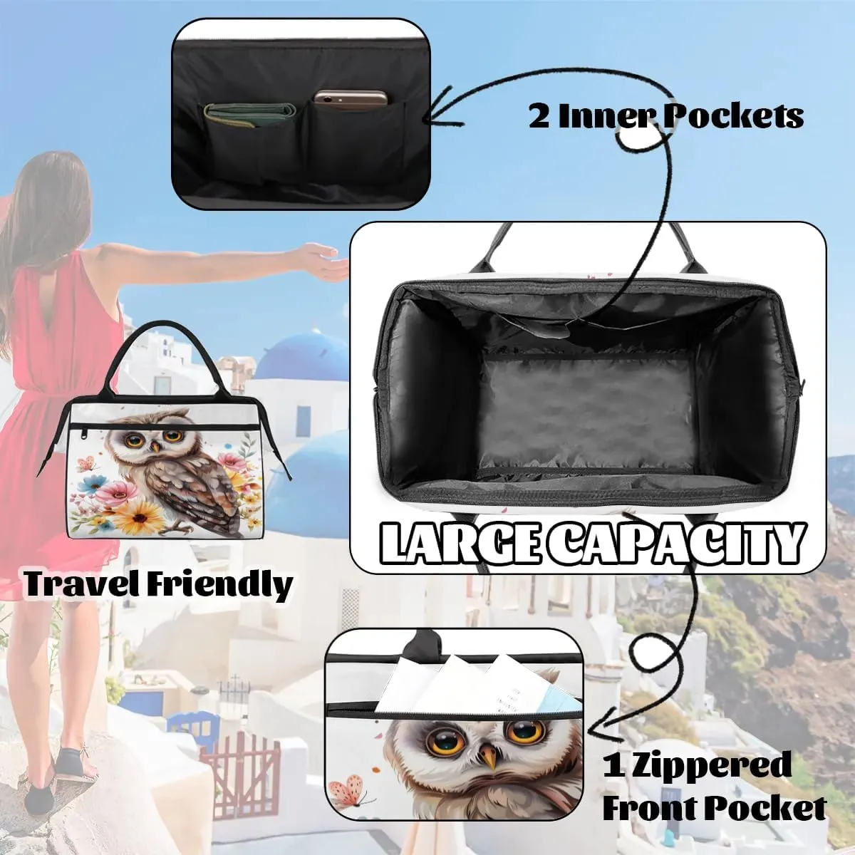 Travel Duffel Bag for Women, Flower Owl Weekender Overnight Bag Carry on Beach Swim Bags Dance Bag Airlines Approved Personal Item Travel Bag for Yoga, Sports, Hospital