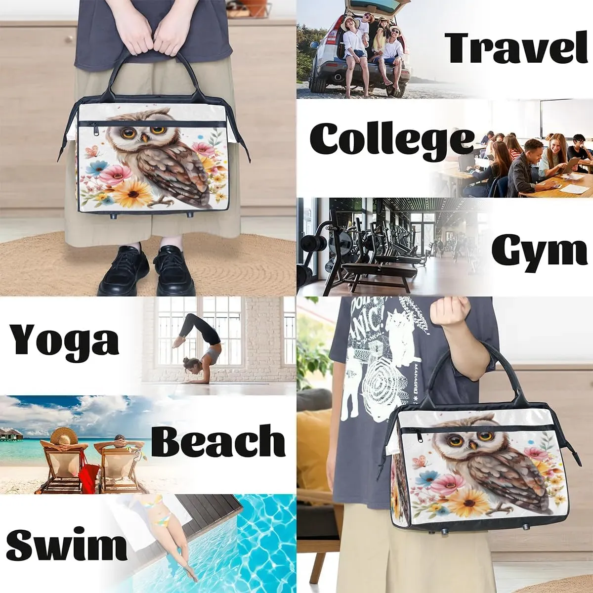 Travel Duffel Bag for Women, Flower Owl Weekender Overnight Bag Carry on Beach Swim Bags Dance Bag Airlines Approved Personal Item Travel Bag for Yoga, Sports, Hospital