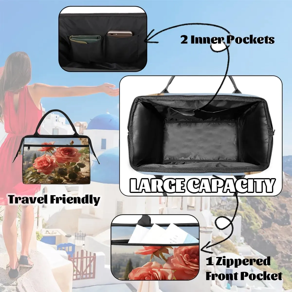 Travel Duffel Bag for Women, Rose Pattern Weekender Overnight Bag Carry on Beach Swim Bags Dance Bag Airlines Approved Personal Item Travel Bag for Yoga, Sports, Hospital