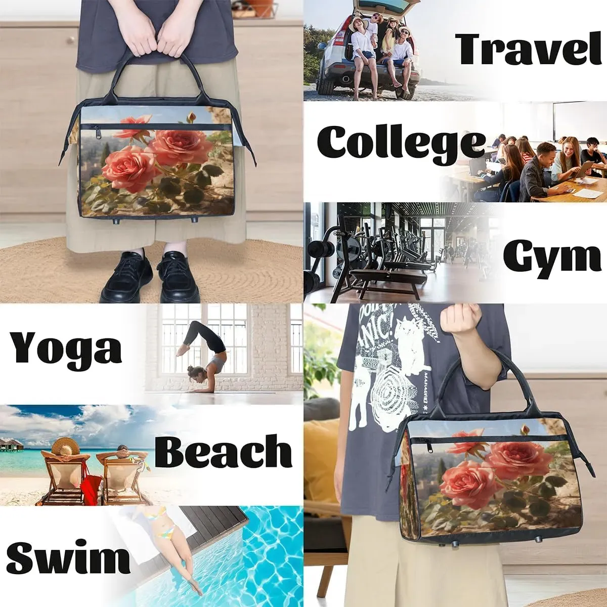 Travel Duffel Bag for Women, Rose Pattern Weekender Overnight Bag Carry on Beach Swim Bags Dance Bag Airlines Approved Personal Item Travel Bag for Yoga, Sports, Hospital