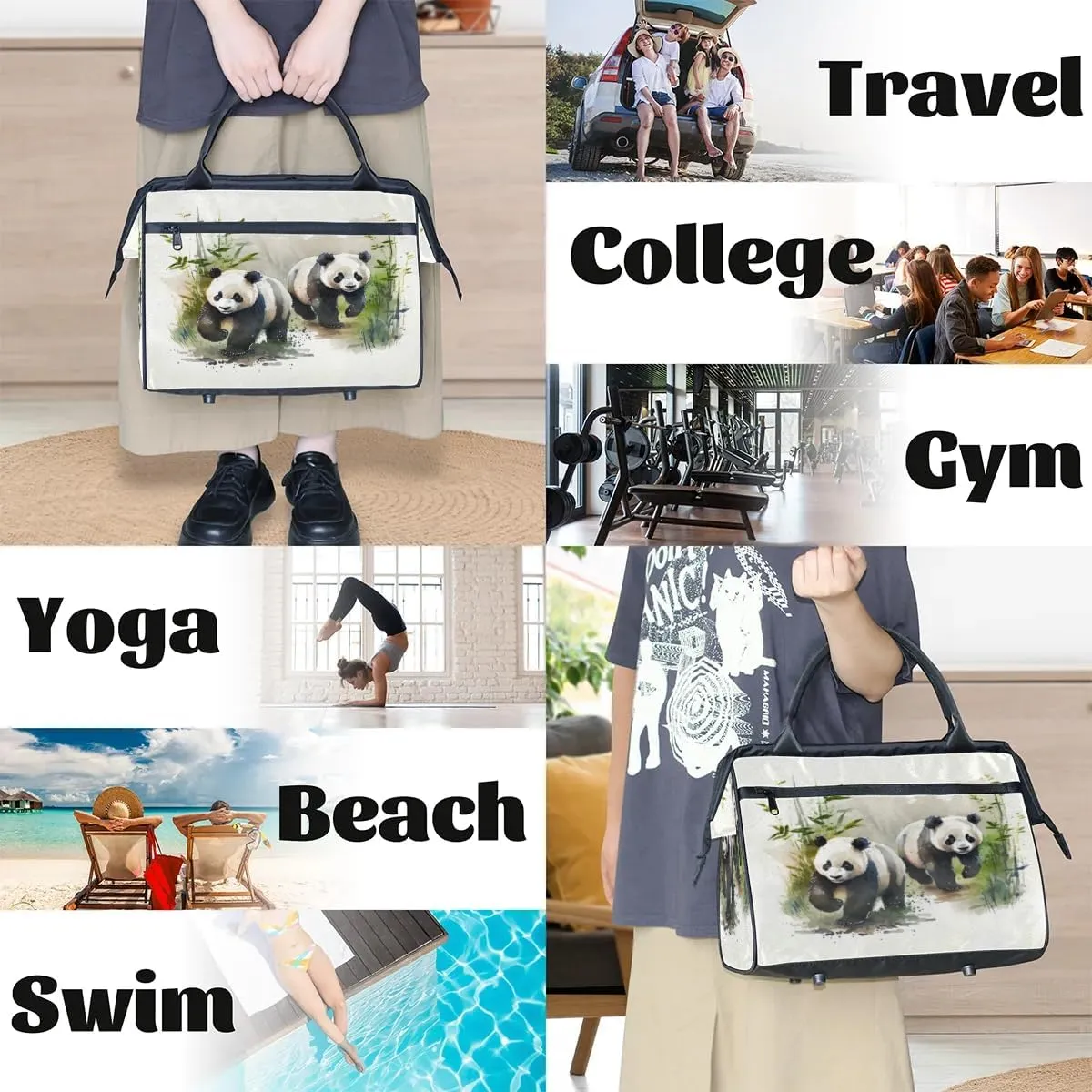 Travel Duffel Bag for Women, Watercolor Panda Weekender Overnight Bag Carry on Beach Swim Bags Dance Bag Airlines Approved Personal Item Travel Bag for Yoga, Sports, Hospital