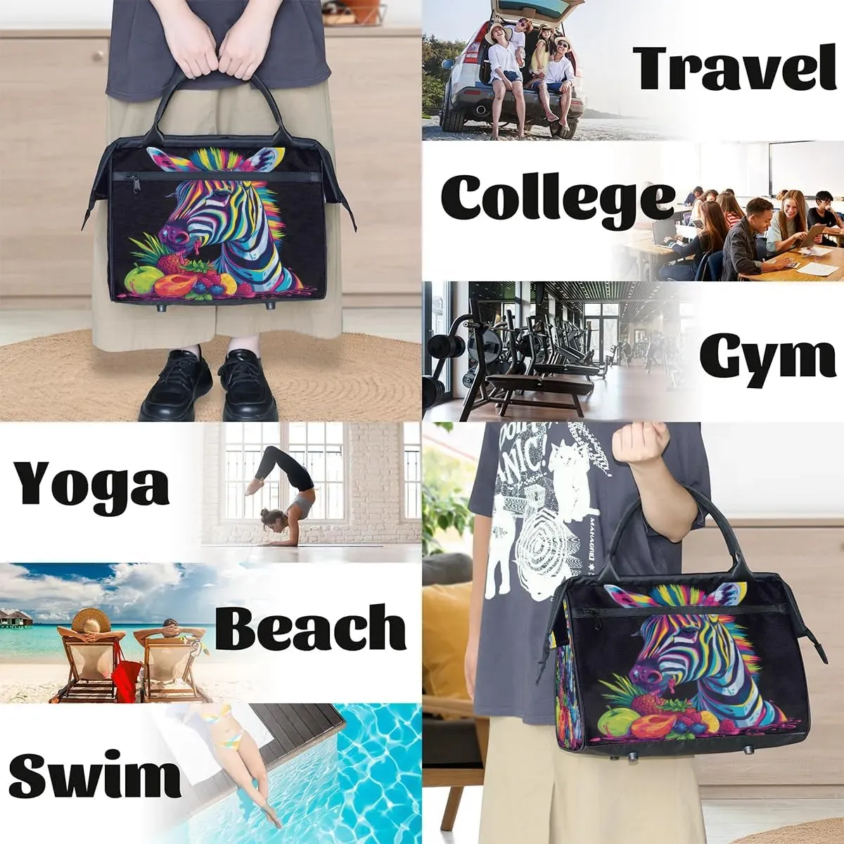 Travel Duffel Bag for Women, Zebra Animals Black Weekender Overnight Bag Carry on Beach Swim Bags Dance Bag Airlines Approved Personal Item Travel Bag for Yoga, Sports, Hospital