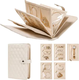 Travel Jewelry Organizer Box, Portable Jewelry Storage Book Bag with Zipper Binder and Velvet Clear Pouches, Valentine Gifts for Women, Jewelry Case for Earrings, Necklace, Ring, Cream White