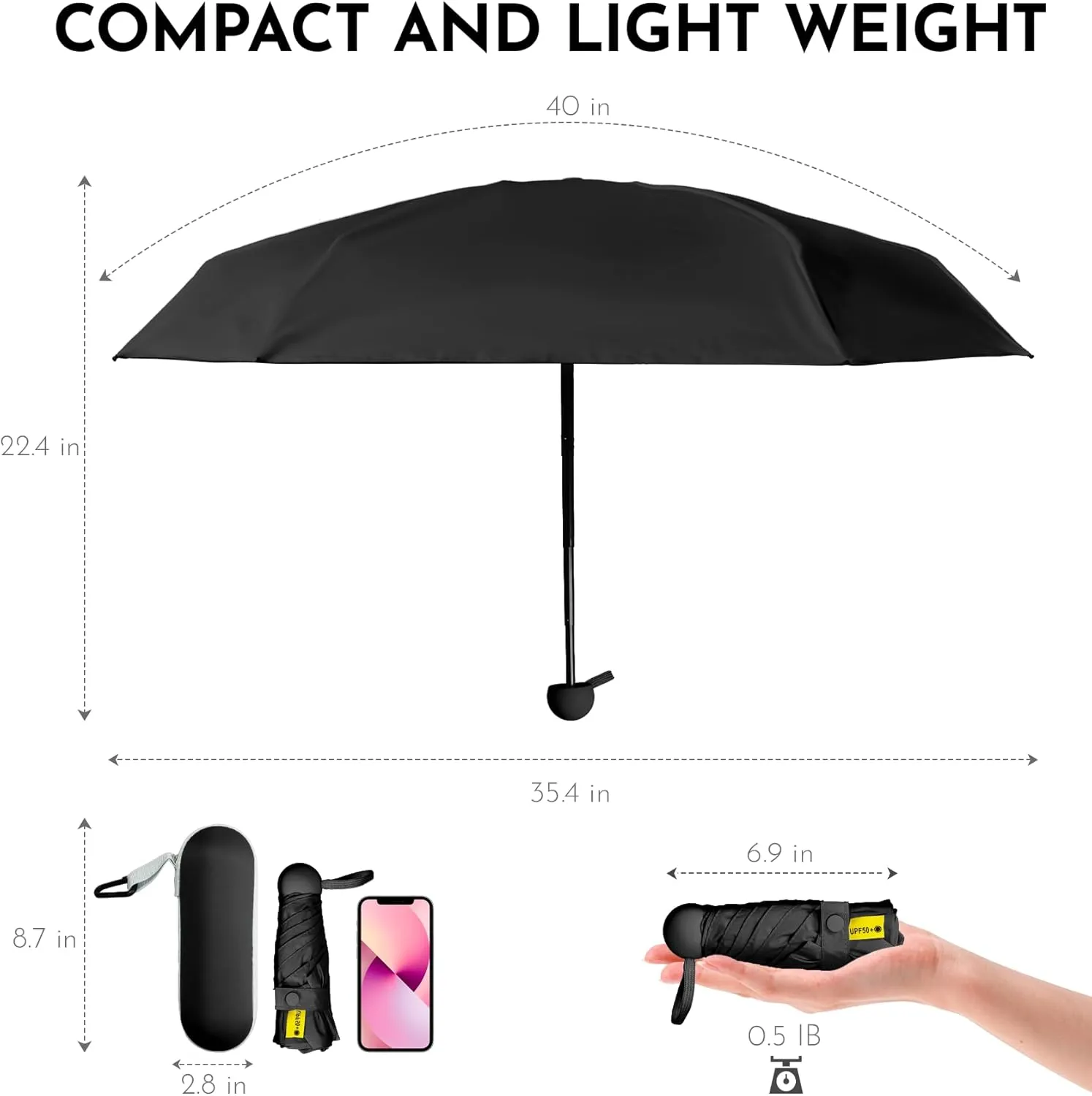 Travel Mini Umbrella Compact Small & Lightweight, UV Rain Protection, Pocket-Sized Folding Umbrellas with Quickdraw & Case for Men Women & Kids Backpack