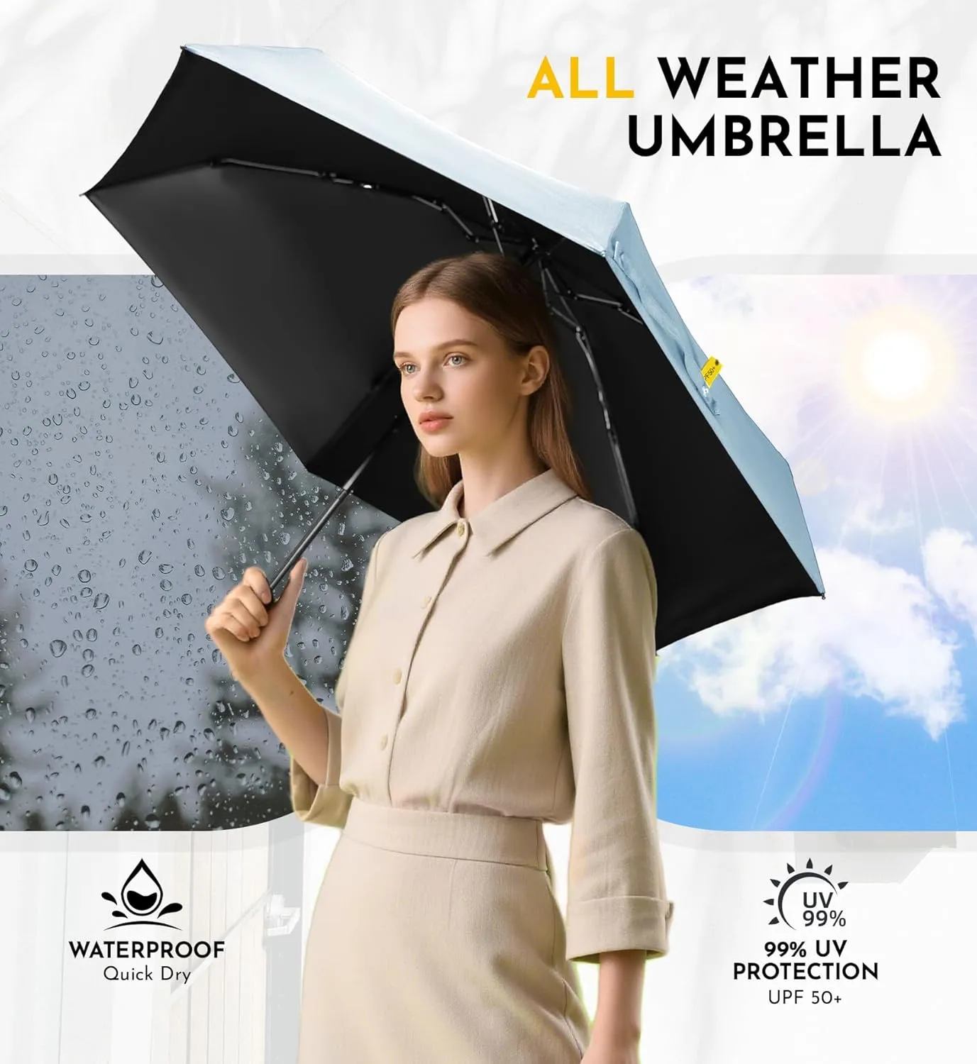 Travel Mini Umbrella Compact Small & Lightweight, UV Rain Protection, Pocket-Sized Folding Umbrellas with Quickdraw & Case for Men Women & Kids Backpack