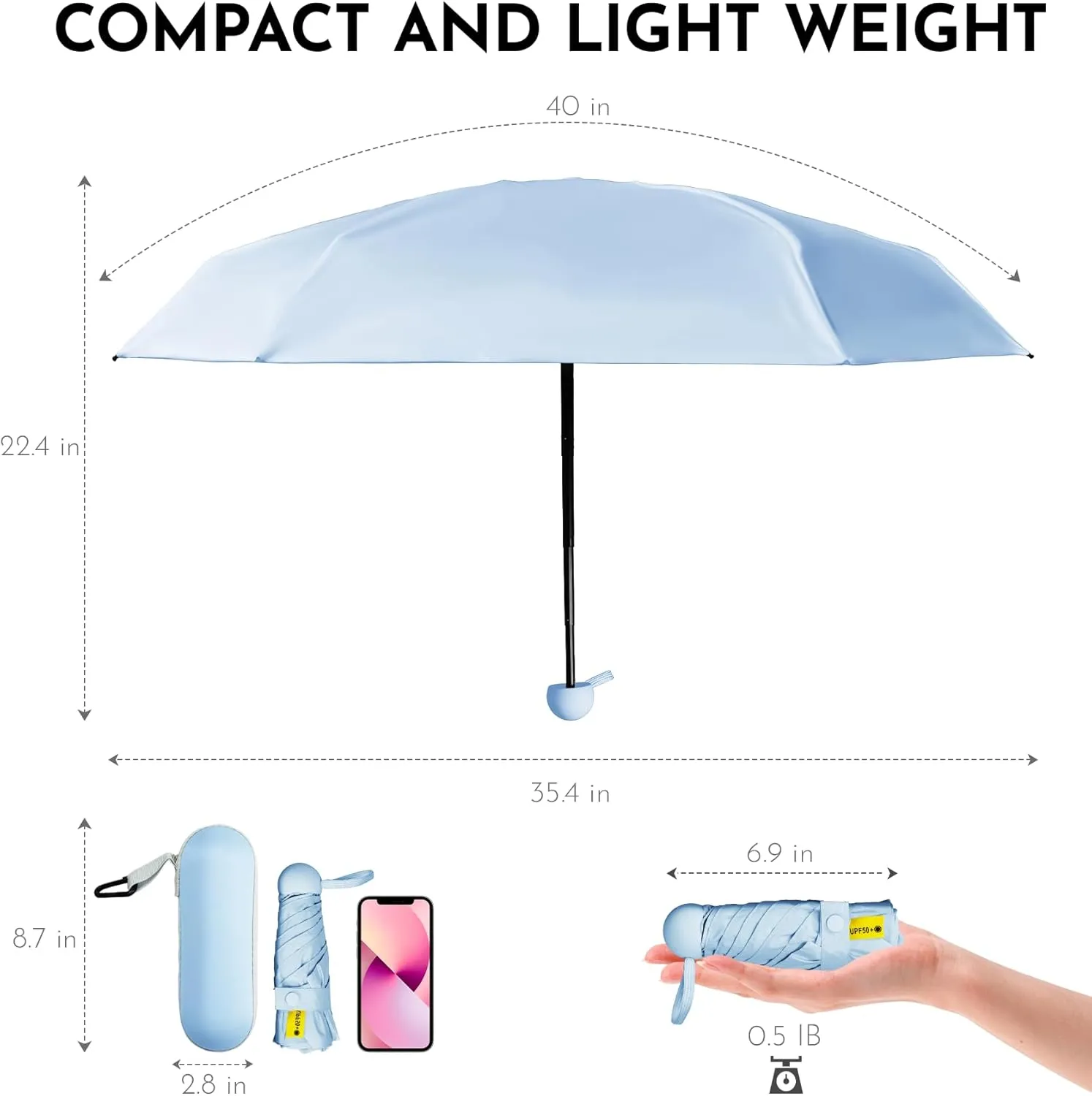 Travel Mini Umbrella Compact Small & Lightweight, UV Rain Protection, Pocket-Sized Folding Umbrellas with Quickdraw & Case for Men Women & Kids Backpack