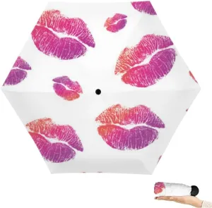 Travel Umbrella for Rain Windproof Lips Doodle lip kiss Retro fashion glamour print Cute Portable Compact Mini Umbrella for Women Purse Backpack Car Black Sun UV Protection