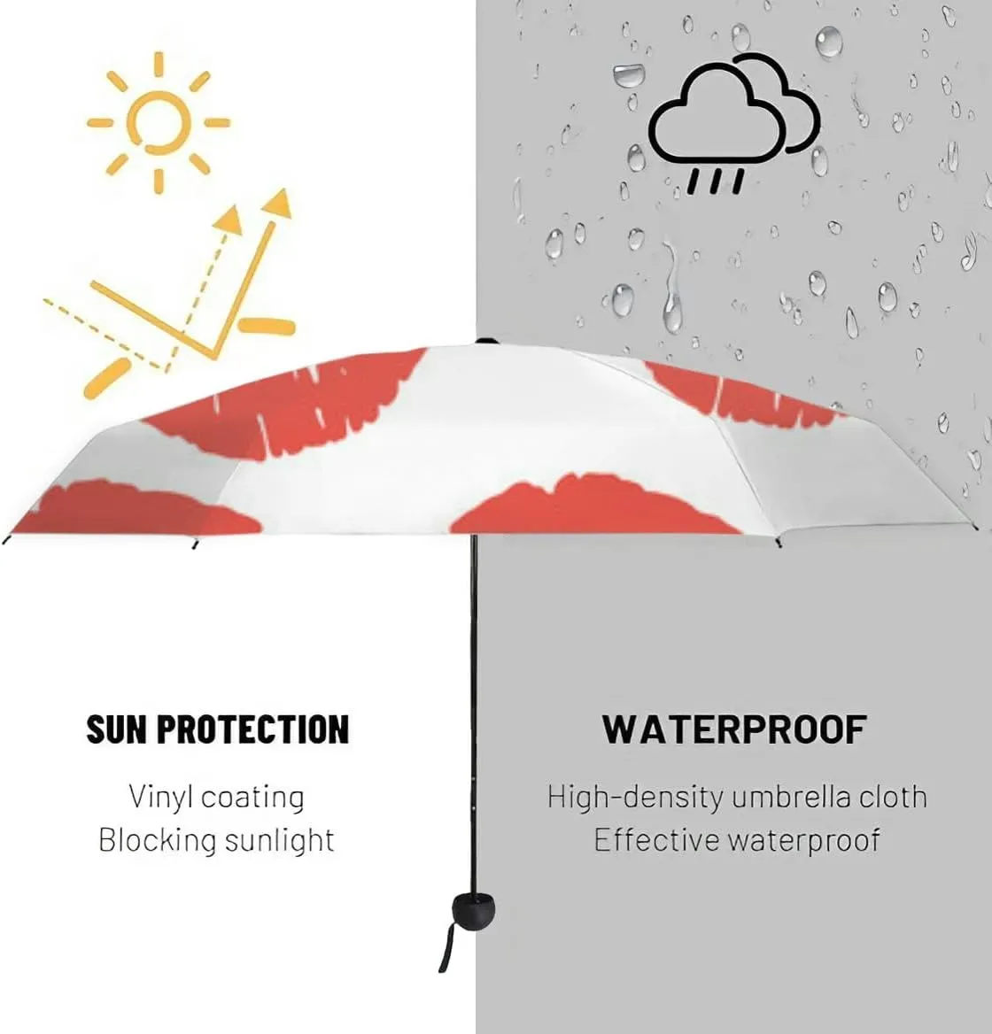 Travel Umbrella for Rain Windproof Lips Doodle lip kiss Retro fashion glamour print Cute Portable Compact Mini Umbrella for Women Purse Backpack Car Black Sun UV Protection