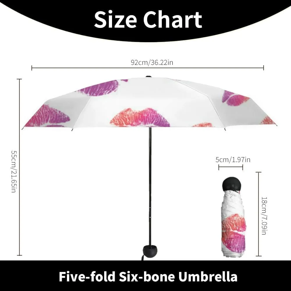 Travel Umbrella for Rain Windproof Lips Doodle lip kiss Retro fashion glamour print Cute Portable Compact Mini Umbrella for Women Purse Backpack Car Black Sun UV Protection