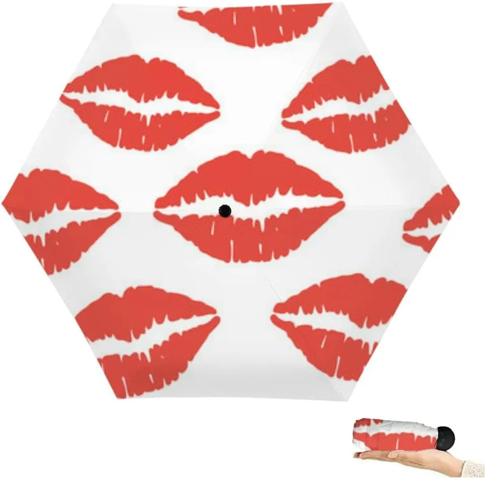 Travel Umbrella for Rain Windproof Lips Doodle lip kiss Retro fashion glamour print Cute Portable Compact Mini Umbrella for Women Purse Backpack Car Black Sun UV Protection