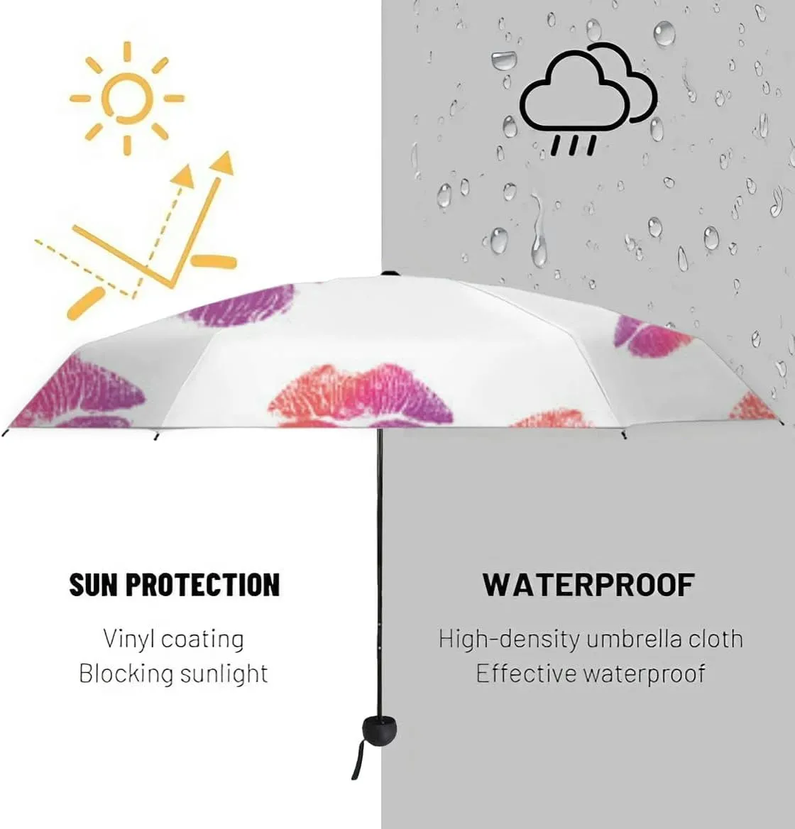 Travel Umbrella for Rain Windproof Lips Doodle lip kiss Retro fashion glamour print Cute Portable Compact Mini Umbrella for Women Purse Backpack Car Black Sun UV Protection