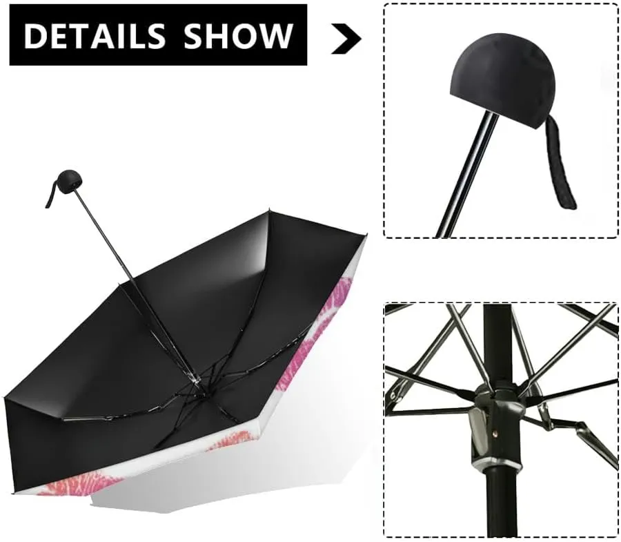Travel Umbrella for Rain Windproof Lips Doodle lip kiss Retro fashion glamour print Cute Portable Compact Mini Umbrella for Women Purse Backpack Car Black Sun UV Protection