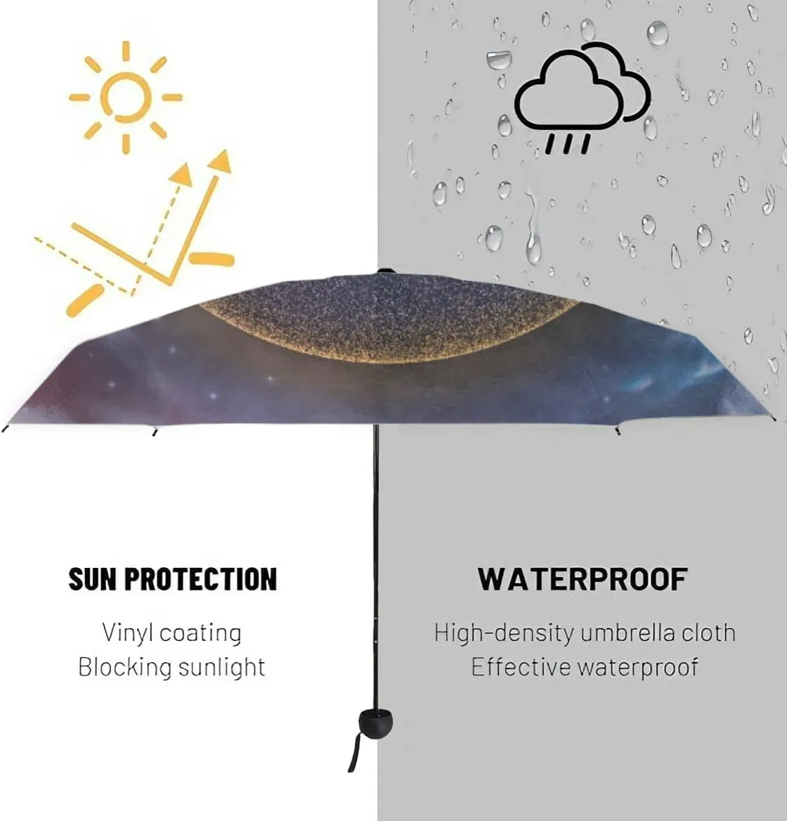 Travel Umbrella for Rain Windproof Majestic view sea and moon at night Cute Portable Compact Mini Umbrella for Women Purse Backpack Car Black Sun UV Protection