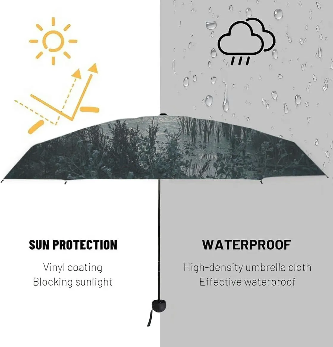 Travel Umbrella for Rain Windproof Moon over the pond Cute Portable Compact Mini Umbrella for Women Purse Backpack Car Black Sun UV Protection