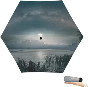 Travel Umbrella for Rain Windproof Moon over the pond Cute Portable Compact Mini Umbrella for Women Purse Backpack Car Black Sun UV Protection