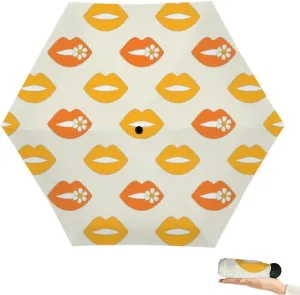 Travel Umbrella for Rain Windproof Watercolor pink lips mouth allover print Air kiss Kiss an an Cute Portable Compact Mini Umbrella for Women Purse Backpack Car Black Sun UV Protection