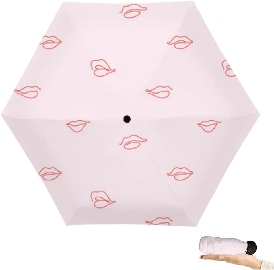 Travel Umbrella for Rain Windproof Watercolor pink lips mouth allover print Air kiss Kiss an an Cute Portable Compact Mini Umbrella for Women Purse Backpack Car Black Sun UV Protection