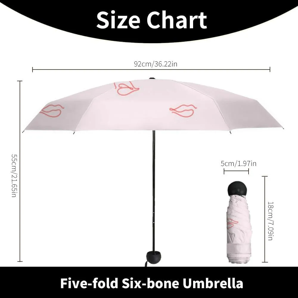 Travel Umbrella for Rain Windproof Watercolor pink lips mouth allover print Air kiss Kiss an an Cute Portable Compact Mini Umbrella for Women Purse Backpack Car Black Sun UV Protection