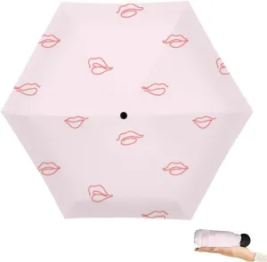 Travel Umbrella for Rain Windproof Watercolor pink lips mouth allover print Air kiss Kiss an an Cute Portable Compact Mini Umbrella for Women Purse Backpack Car Black Sun UV Protection