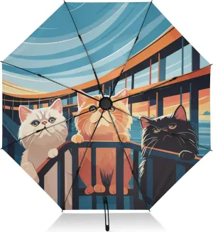 Travel Umbrella Windproof Compact Umbrella, Umbrellas for Backpacks/Handbags, Rain, Wind and Sun, Cute Cats