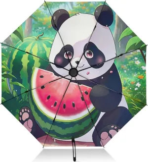 Travel Umbrella Windproof Compact Umbrellas, Umbrellas for Backpacks/Handbags, Rain, Wind and Sun, Cute Panda Watermelon
