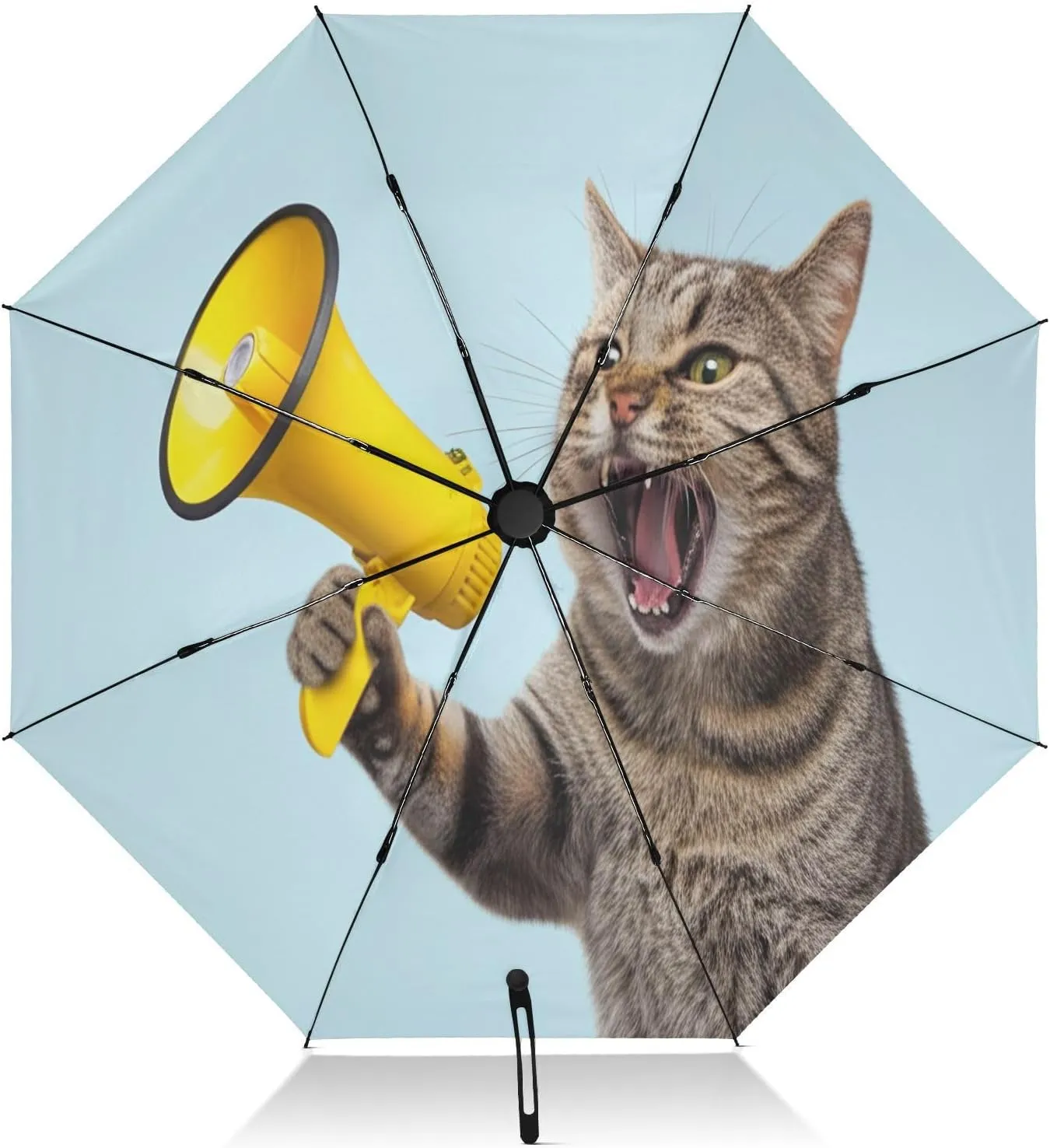Travel Umbrella Windproof Folding Umbrella Compact, Umbrellas for Backpacks/Handbags, Rain, Wind and Sun, Funny Shouting Cat Light Blue
