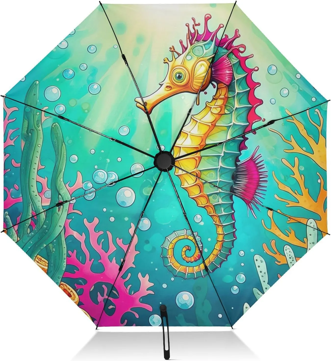 Travel Umbrella Windproof Umbrella Small Compact, Umbrellas for Backpacks/Handbags, Rain, Wind and Sun, Seahorse Teal Watercolor