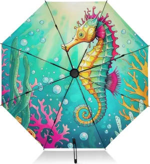 Travel Umbrella Windproof Umbrella Small Compact, Umbrellas for Backpacks/Handbags, Rain, Wind and Sun, Seahorse Teal Watercolor