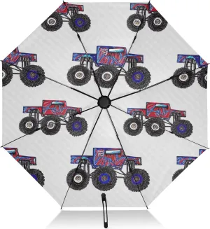 Travel Umbrella Windproof Uv Umbrella Compact, Umbrellas for Backpacks/Handbags, Rain, Wind and Sun, Cute Cartoon Trucks White