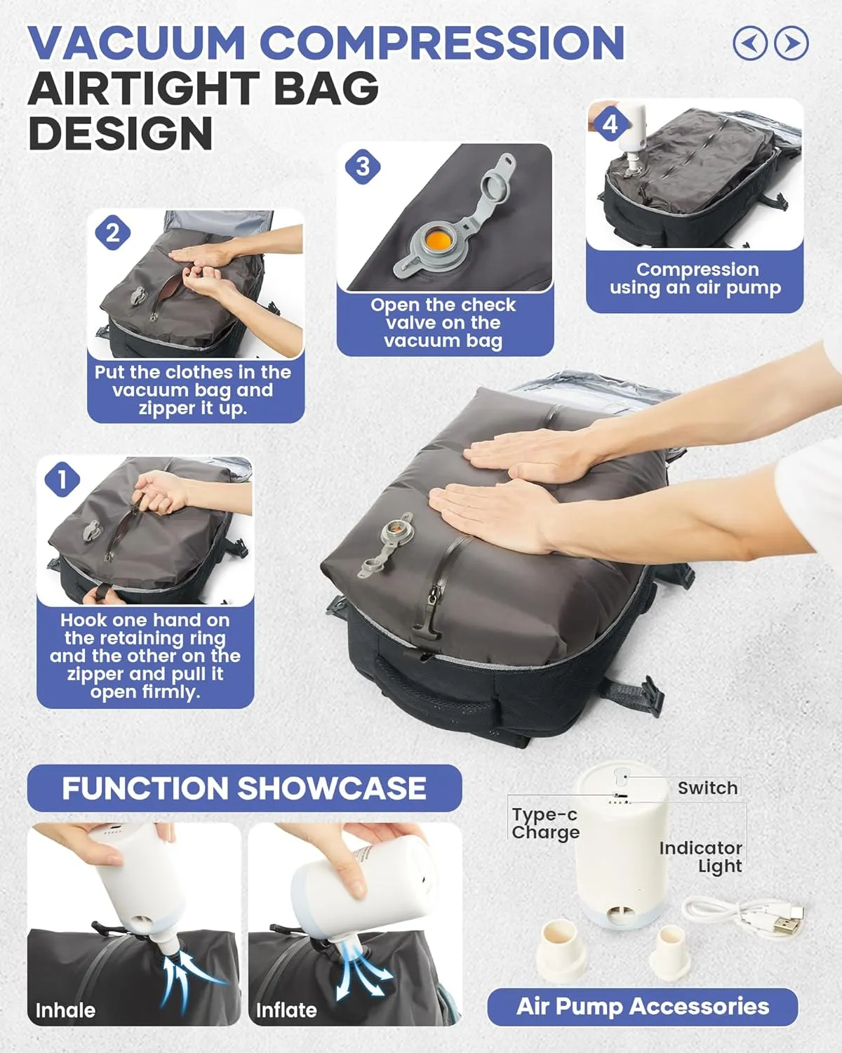 Travel Vacuum Storage Backpack with Air Pump Vacuum Seal Compression Space Saver Bags Clothing Vacpack Airback 18x14x8 inches Travel Bag Carry on Personal item Laptop Work Backpacks Women BlackGrey