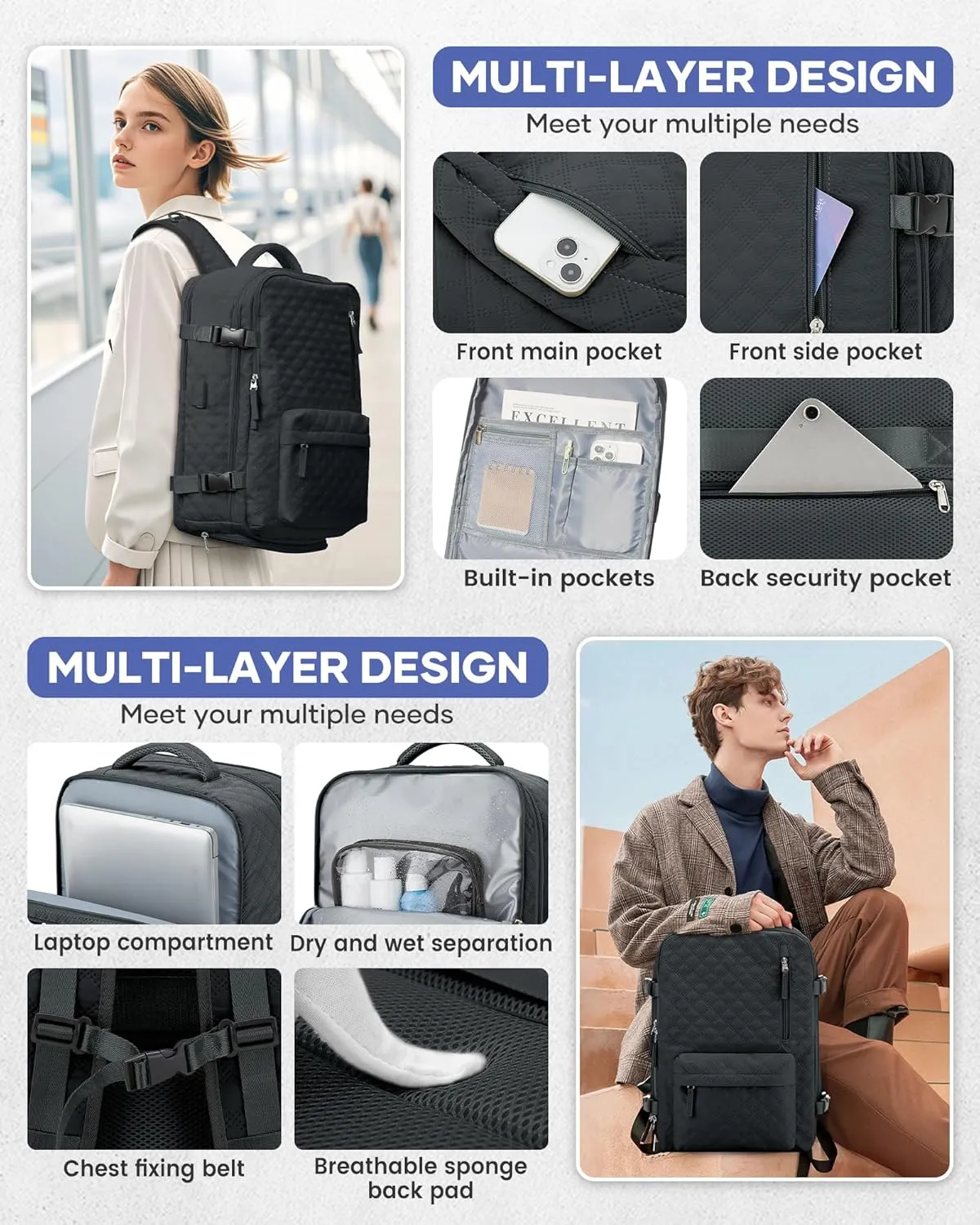 Travel Vacuum Storage Backpack with Air Pump Vacuum Seal Compression Space Saver Bags Clothing Vacpack Airback 18x14x8 inches Travel Bag Carry on Personal item Laptop Work Backpacks Women BlackGrey