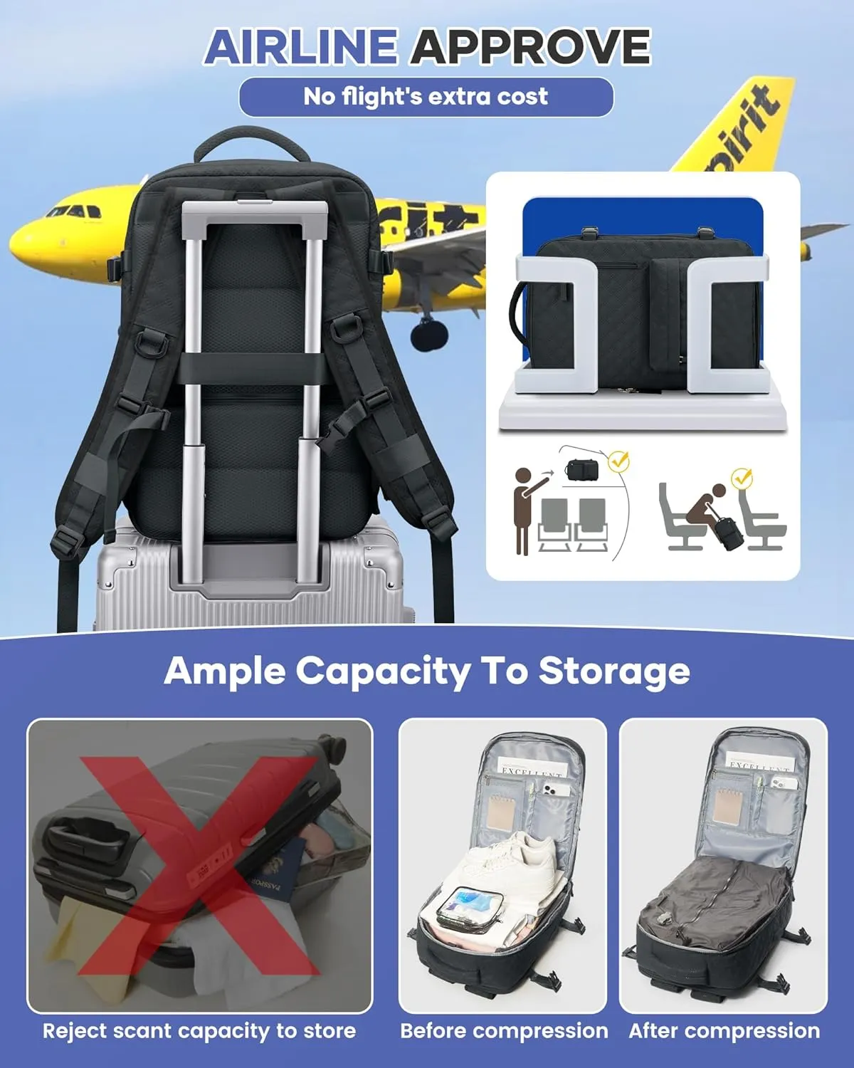 Travel Vacuum Storage Backpack with Air Pump Vacuum Seal Compression Space Saver Bags Clothing Vacpack Airback 18x14x8 inches Travel Bag Carry on Personal item Laptop Work Backpacks Women BlackGrey
