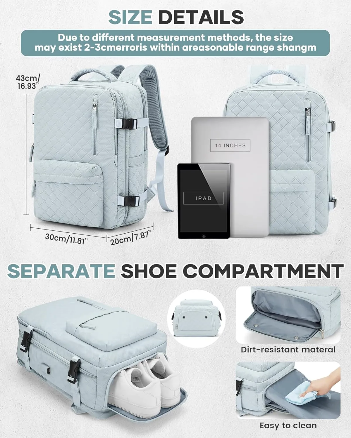 Travel Vacuum Storage Backpack with Air Pump Vacuum Seal Compression Space Saver Bags Clothing Vacpack Airback 18x14x8 inches Travel Bag Carry on Personal item Laptop Work Backpacks Women LightBlue