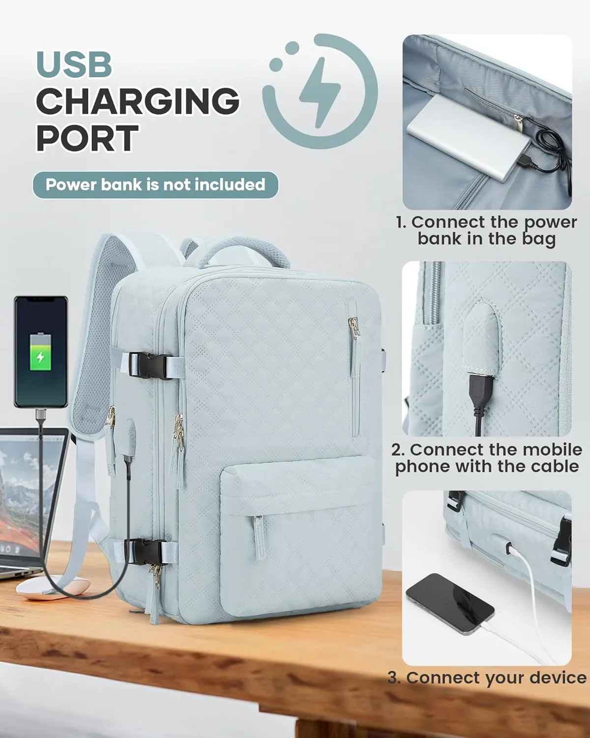 Travel Vacuum Storage Backpack with Air Pump Vacuum Seal Compression Space Saver Bags Clothing Vacpack Airback 18x14x8 inches Travel Bag Carry on Personal item Laptop Work Backpacks Women LightBlue