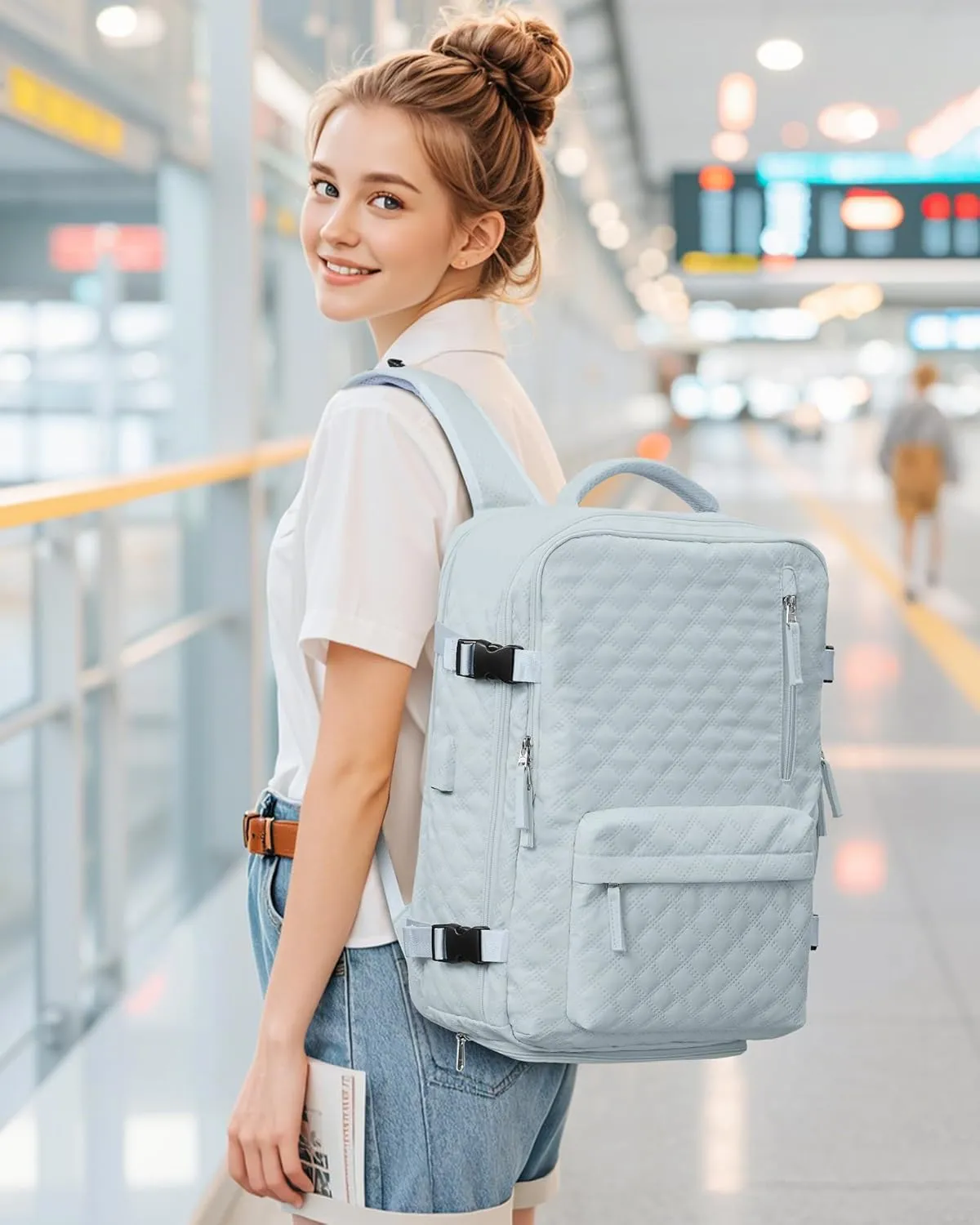 Travel Vacuum Storage Backpack with Air Pump Vacuum Seal Compression Space Saver Bags Clothing Vacpack Airback 18x14x8 inches Travel Bag Carry on Personal item Laptop Work Backpacks Women LightBlue