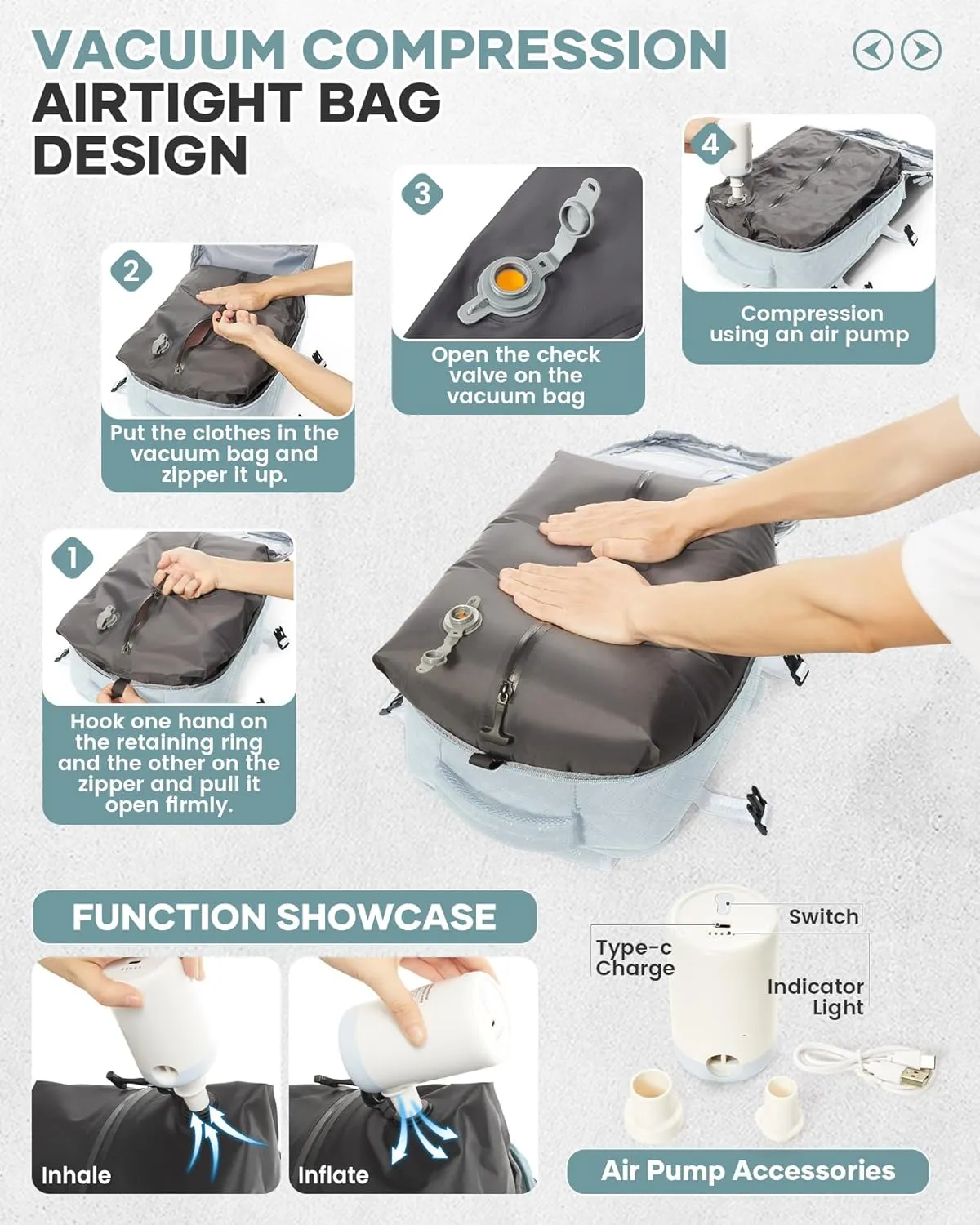 Travel Vacuum Storage Backpack with Air Pump Vacuum Seal Compression Space Saver Bags Clothing Vacpack Airback 18x14x8 inches Travel Bag Carry on Personal item Laptop Work Backpacks Women LightBlue