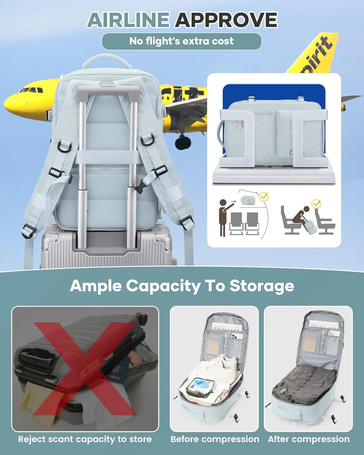 Travel Vacuum Storage Backpack with Air Pump Vacuum Seal Compression Space Saver Bags Clothing Vacpack Airback 18x14x8 inches Travel Bag Carry on Personal item Laptop Work Backpacks Women LightBlue