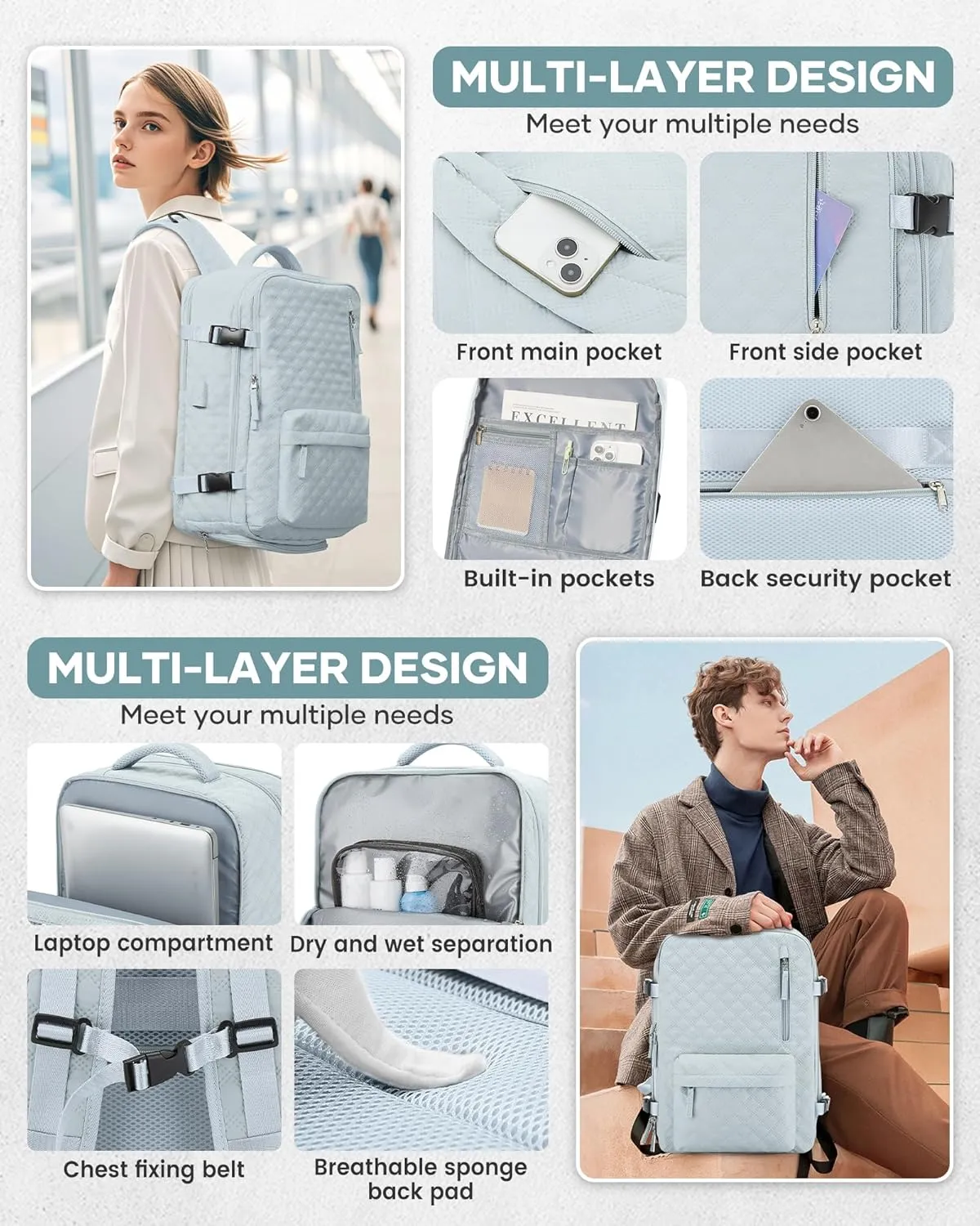 Travel Vacuum Storage Backpack with Air Pump Vacuum Seal Compression Space Saver Bags Clothing Vacpack Airback 18x14x8 inches Travel Bag Carry on Personal item Laptop Work Backpacks Women LightBlue
