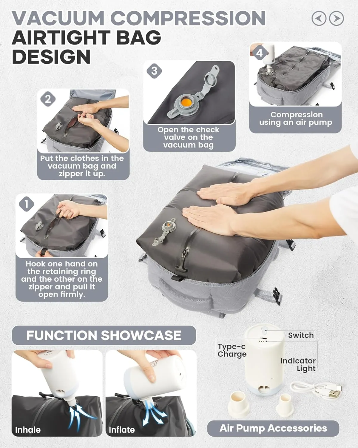 Travel Vacuum Storage Backpack with Air Pump Vacuum Seal Compression Space Saver Bags Clothing Vacpack Airback 18x14x8 inches Travel Bag Carry on Personal item Laptop Work Backpacks Women Men Grey