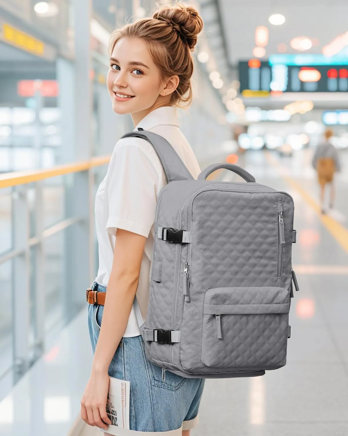 Travel Vacuum Storage Backpack with Air Pump Vacuum Seal Compression Space Saver Bags Clothing Vacpack Airback 18x14x8 inches Travel Bag Carry on Personal item Laptop Work Backpacks Women Men Grey
