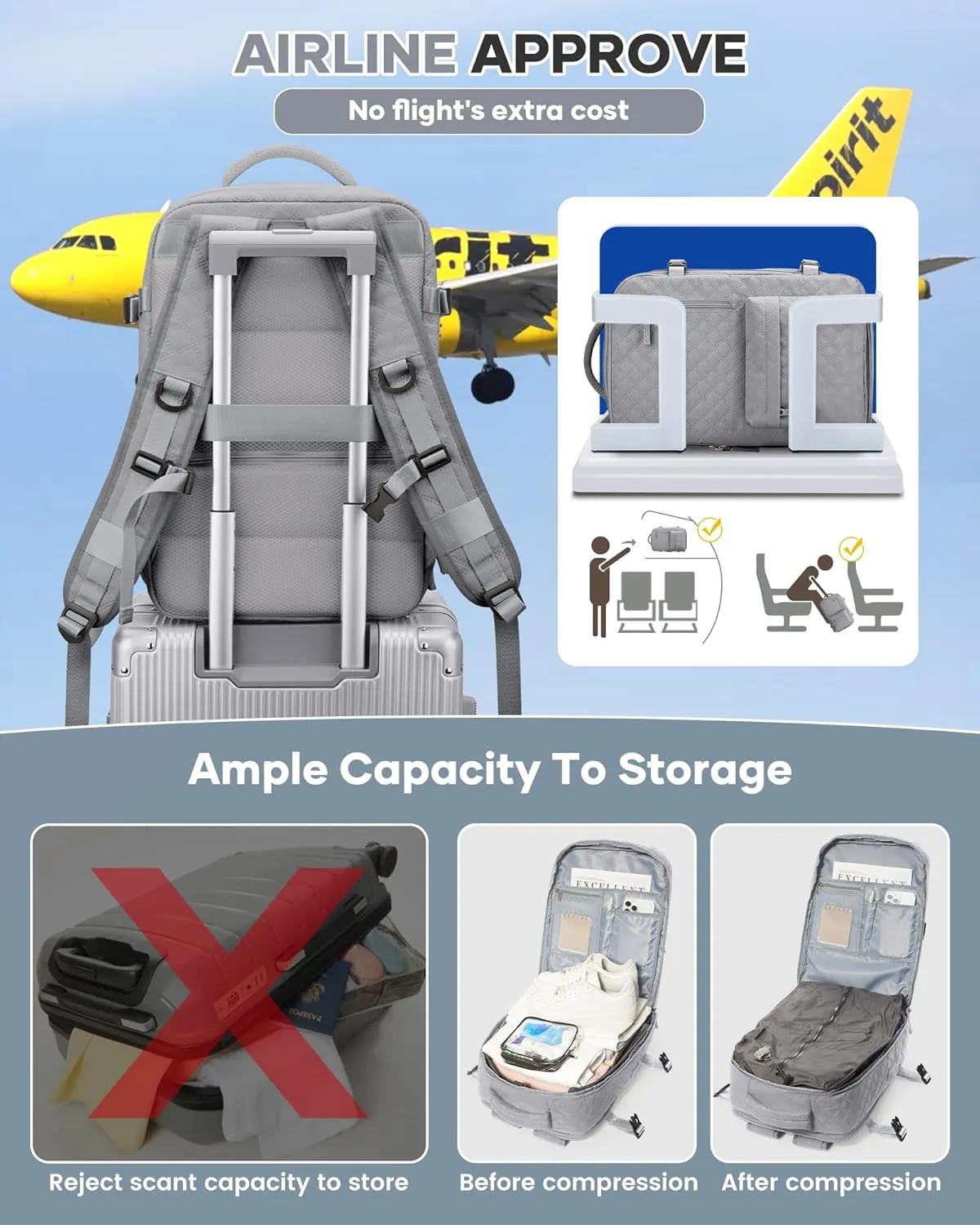 Travel Vacuum Storage Backpack with Air Pump Vacuum Seal Compression Space Saver Bags Clothing Vacpack Airback 18x14x8 inches Travel Bag Carry on Personal item Laptop Work Backpacks Women Men Grey