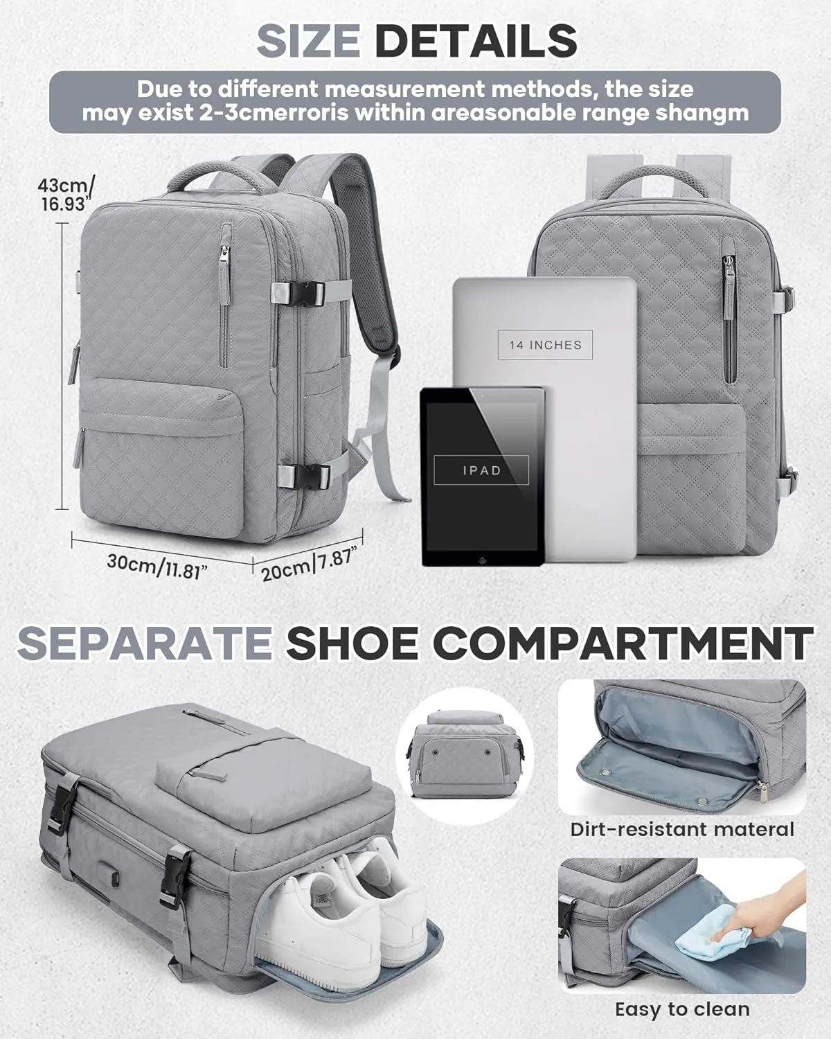 Travel Vacuum Storage Backpack with Air Pump Vacuum Seal Compression Space Saver Bags Clothing Vacpack Airback 18x14x8 inches Travel Bag Carry on Personal item Laptop Work Backpacks Women Men Grey