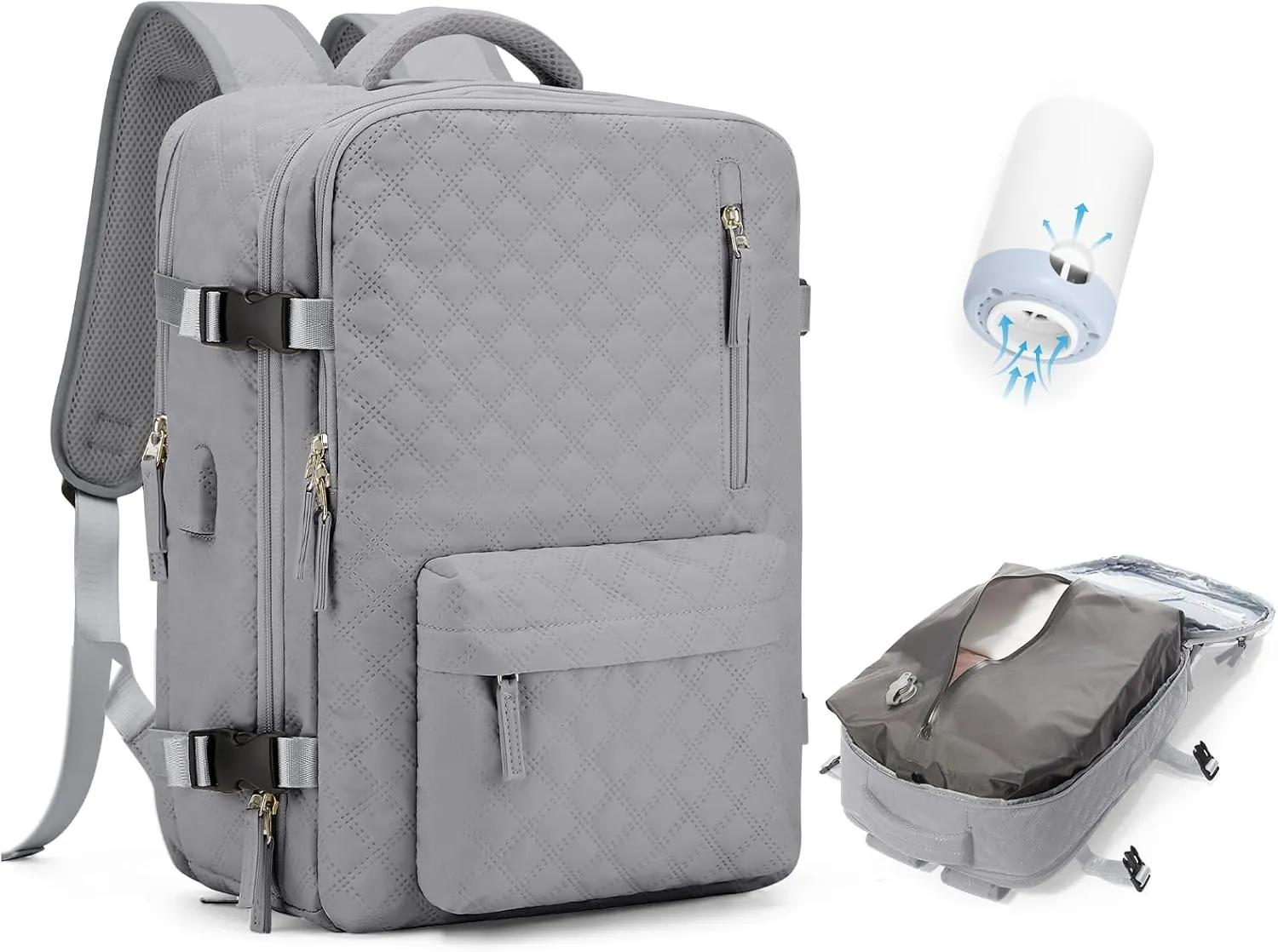 Travel Vacuum Storage Backpack with Air Pump Vacuum Seal Compression Space Saver Bags Clothing Vacpack Airback 18x14x8 inches Travel Bag Carry on Personal item Laptop Work Backpacks Women Men Grey