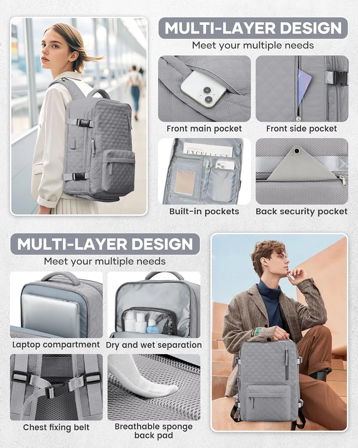 Travel Vacuum Storage Backpack with Air Pump Vacuum Seal Compression Space Saver Bags Clothing Vacpack Airback 18x14x8 inches Travel Bag Carry on Personal item Laptop Work Backpacks Women Men Grey