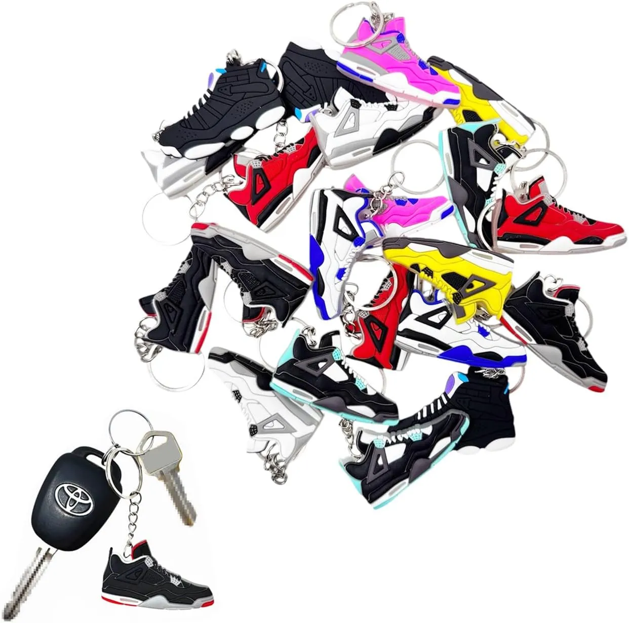 TSY TOOL 100 Pcs of Random Mini Retro Collectible 2D Sneaker Keychains – Rubber Shoe Key Chains for Goodie Bags, Collectors, Mystery Prizes & Sneakerhead Gifts