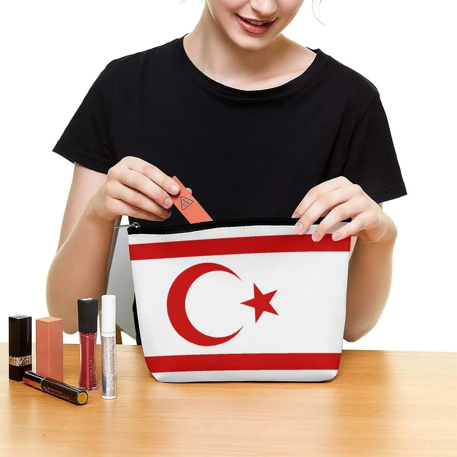 Turkish Republic Northern Cyprus Flag Portable Makeup Bag Zipper Cosmetic Pouch Organizer for Women Girls