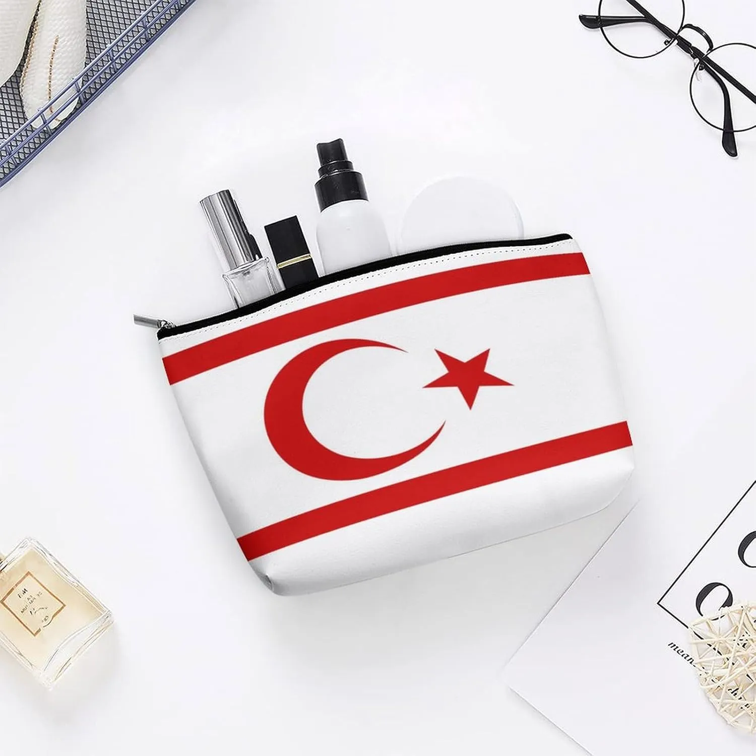 Turkish Republic Northern Cyprus Flag Portable Makeup Bag Zipper Cosmetic Pouch Organizer for Women Girls
